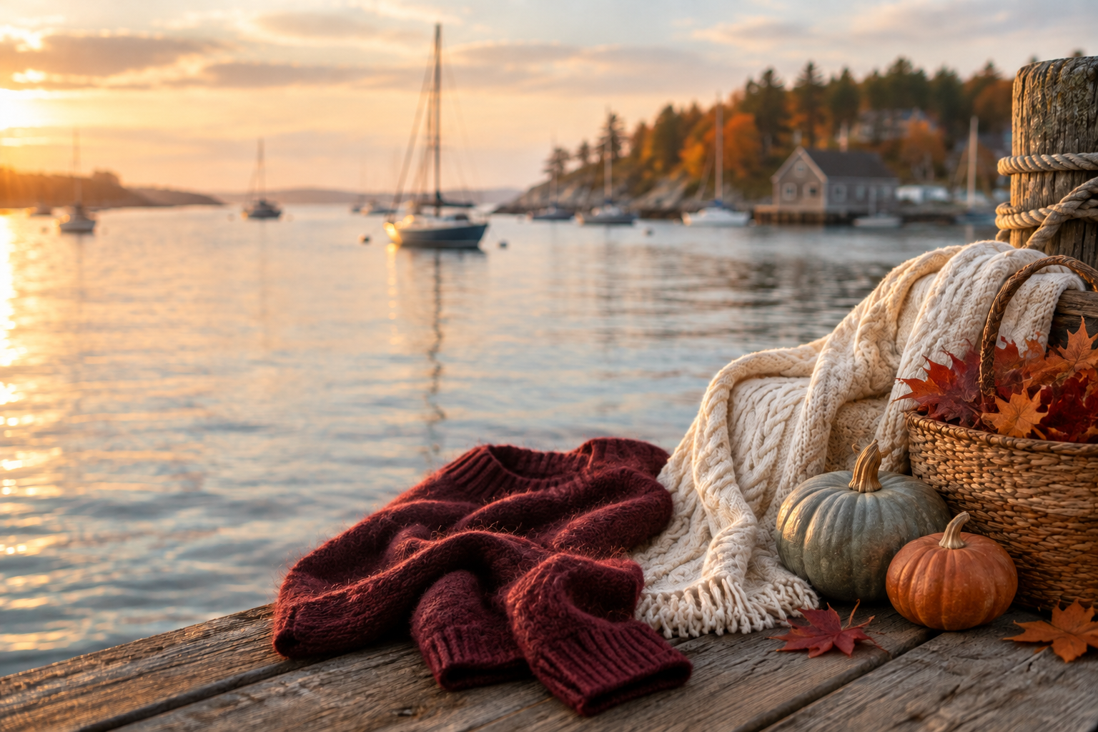 Coastal fall dock with a burgundy sweater