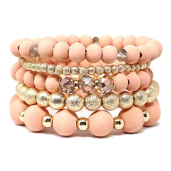 5-piece blush pink wood bead stackable bracelet set with gold stardust beads and crystal accent