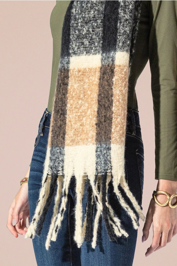 Checkered Beige Multi Fringe Scarf