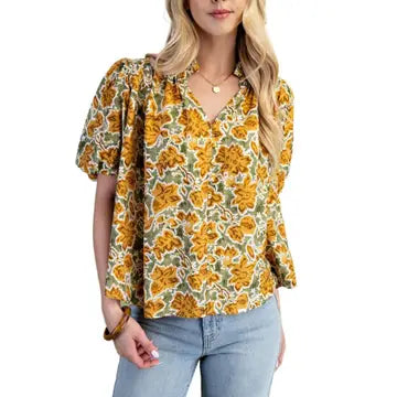 Autumn Floral Puff Sleeve Top - front view