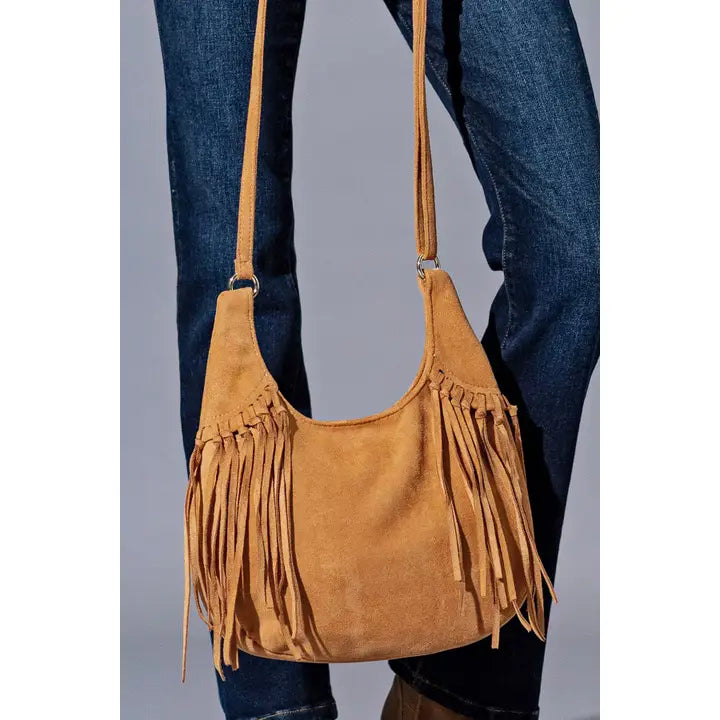 Camel faux-suede slouchy shoulder bag with long side fringe and a single strap
