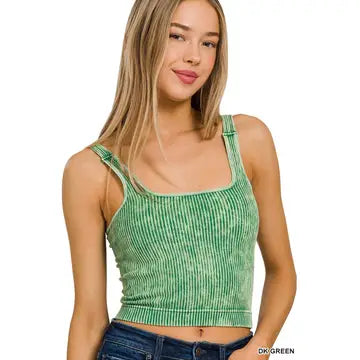 Seaweed Padded Tankini - ribbed acid-wash crop tank in dark green