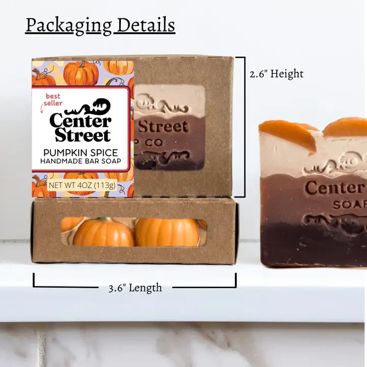Pumpkin Spice Bar Soap packaging details, 4oz, 3.6 inch length