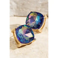 Iridescent faceted glass stud earrings with blue, purple, and green reflections in gold-tone settings