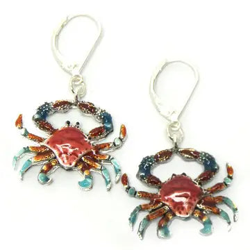 Colorful enamel crab fish hook earrings in silver tone
