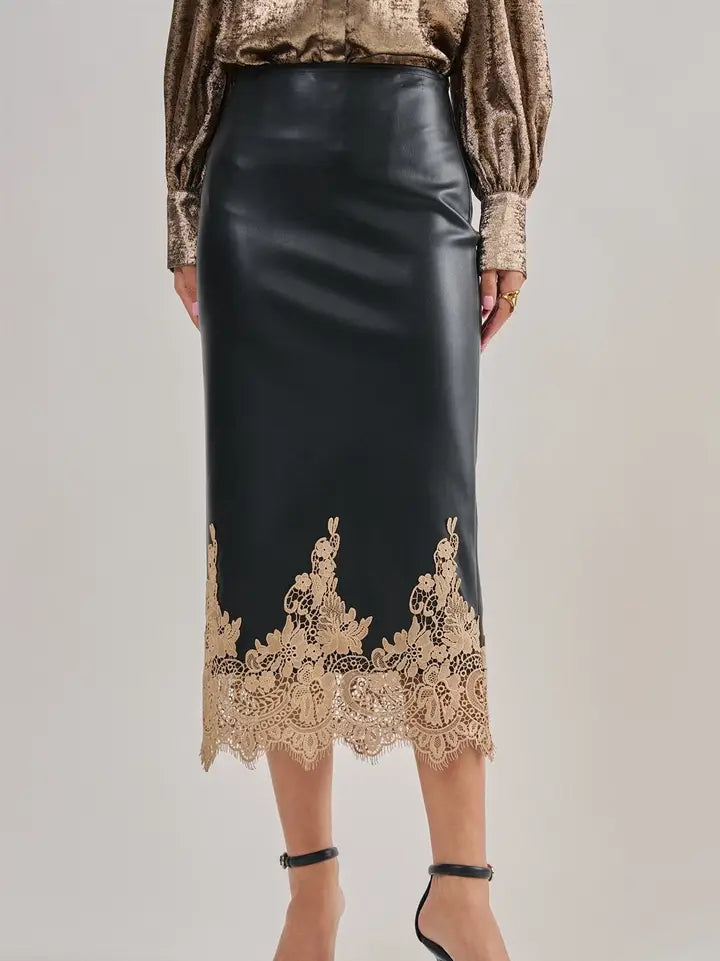 Faux Leather Lace Trim Midi Skirt in black with gold lace hem