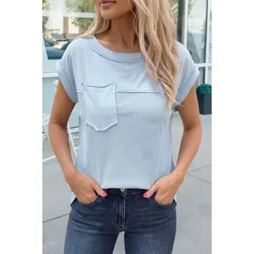 Raw Seam Waffle Knit Patchwork Blouse