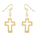 Gold open-frame cross drop earrings with freshwater pearl bead on French hooks
