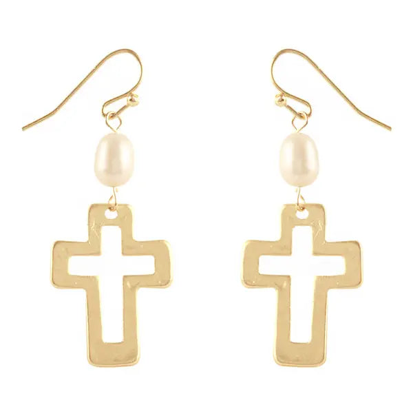 Gold open-frame cross drop earrings with freshwater pearl bead on French hooks