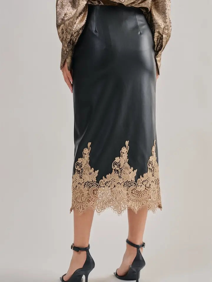 Faux Leather Lace Trim Midi Skirt