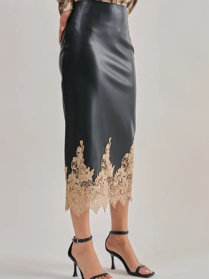 Faux Leather Lace Trim Midi Skirt
