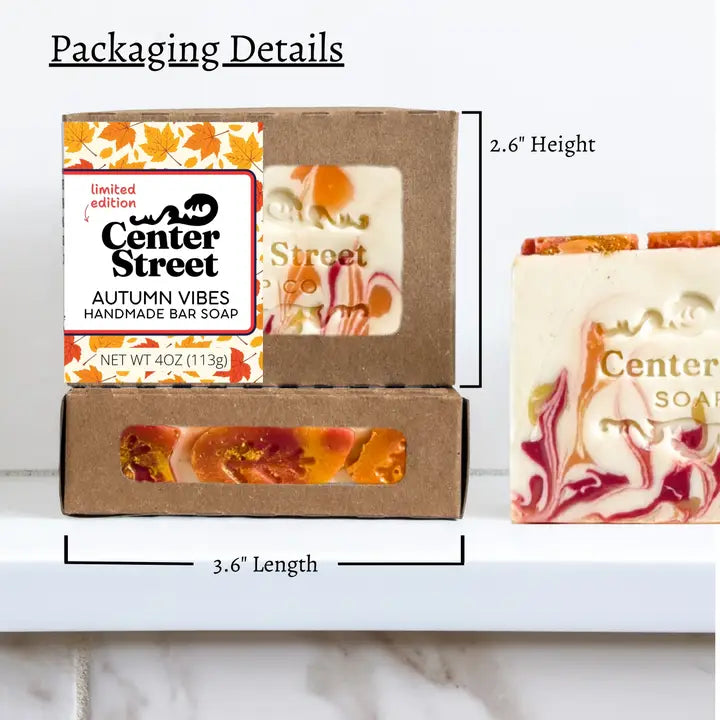 Autumn Vibes Bar Soap packaging details, 4oz, 3.6 inch length