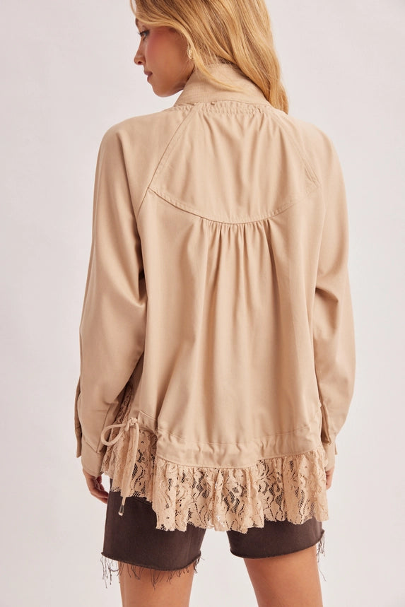 Ruffled Lace Trim Button Down Jacket