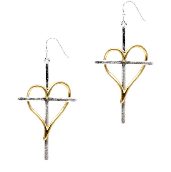 Two-Toned Heart Cross Earrings