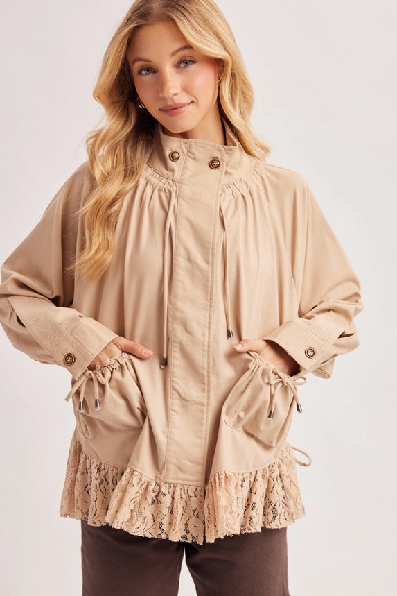 Ruffled Lace Trim Button Down Jacket
