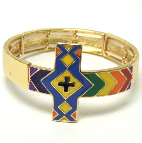 He Loves All Cross Bracelet in gold-tone with rainbow chevron enamel pattern