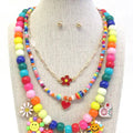 3 Layer Fun Beaded Necklace in rainbow colors with enamel charms and matching stud earrings