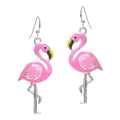 Pink flamingo enamel drop earrings on silver French hooks