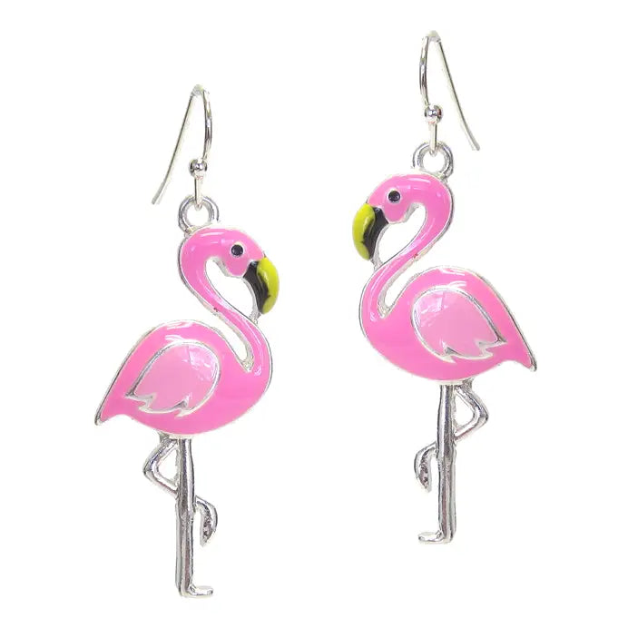 Pink flamingo enamel drop earrings on silver French hooks