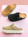 Clogs in tan, black, and beige with buckle details, including a beige platform style