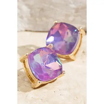 Lavender faceted glass stud earrings with gold-tone settings