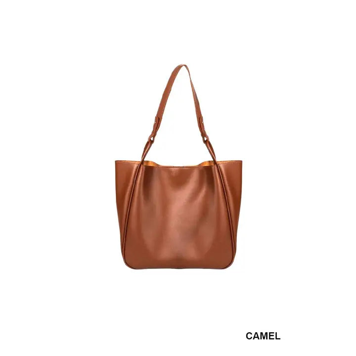 Camel vegan leather shoulder tote bag with single strap and soft structured silhouette on white background