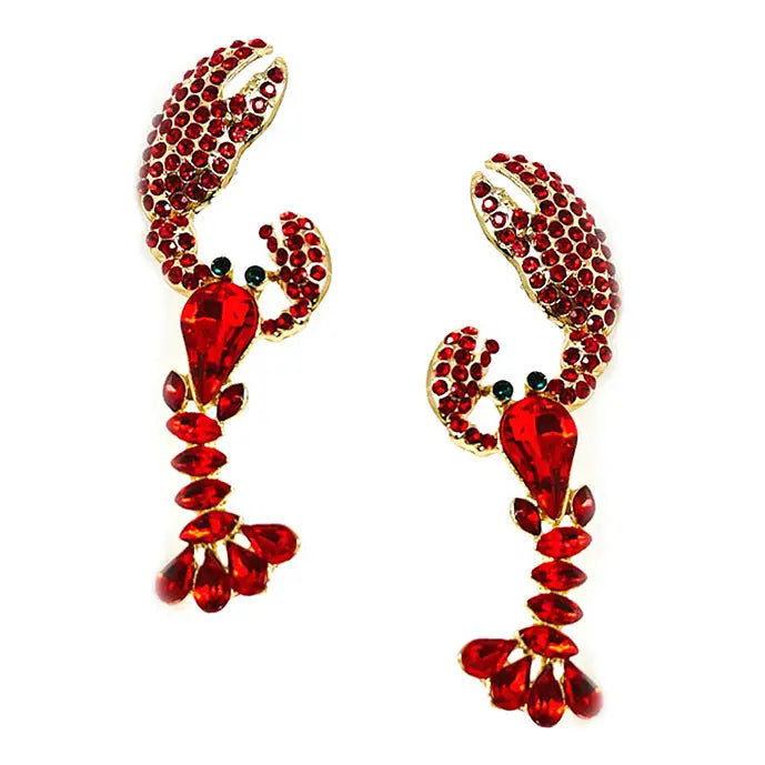 Red crystal rhinestone lobster drop earrings in gold-tone metal