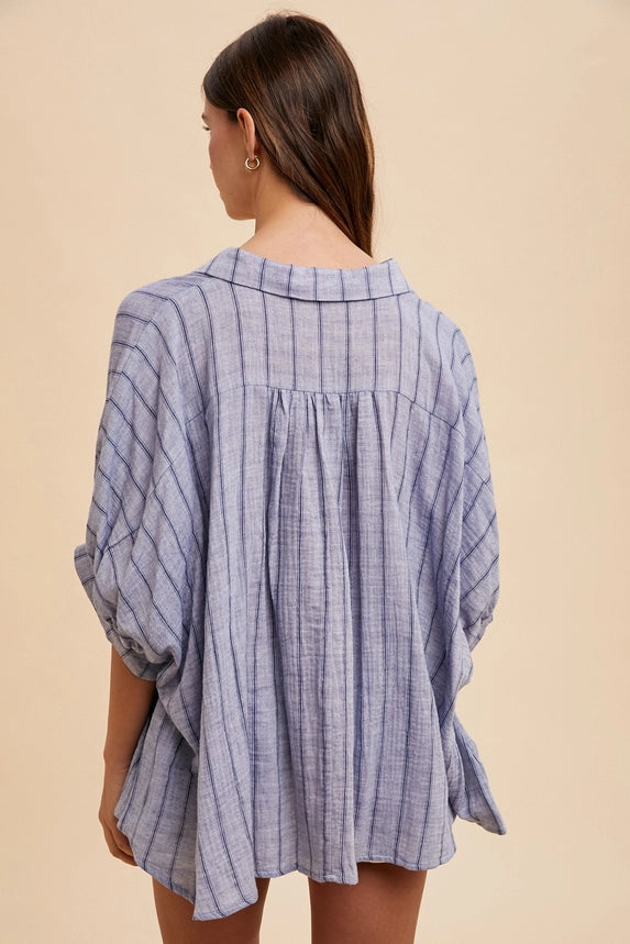 Coral Drop Shoulder Gauzy Striped Top - back view