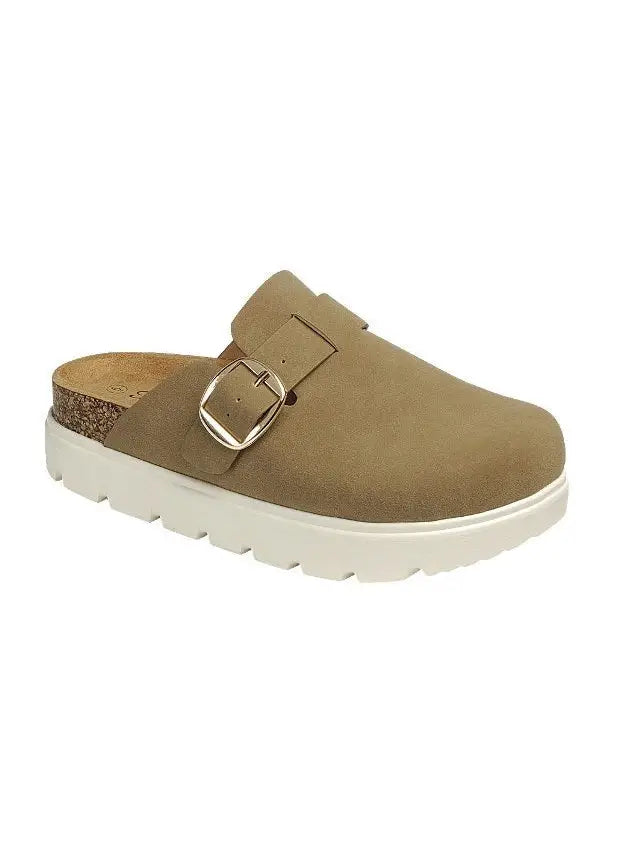 Tan platform clog with a gold-tone buckle, open back, and cream ridged sole