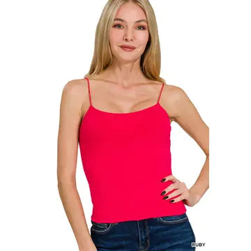 Red butter-soft cami with slender spaghetti straps and a gently curved neckline, shown on a model