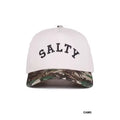 Two-tone Salty hat with a light crown, arched black SALTY lettering, and a camouflage-print curved brim