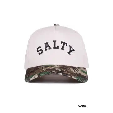 Two-tone Salty hat with a light crown, arched black SALTY lettering, and a camouflage-print curved brim