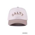 Two-tone Salty hat with a light crown, neutral curved brim, and arched SALTY lettering