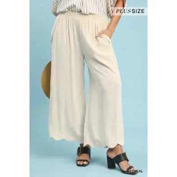 Plus Linen Scalloped Hem Pants