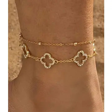 Quatrefoil Double Layer Anklet in gold-tone with crystal charm links