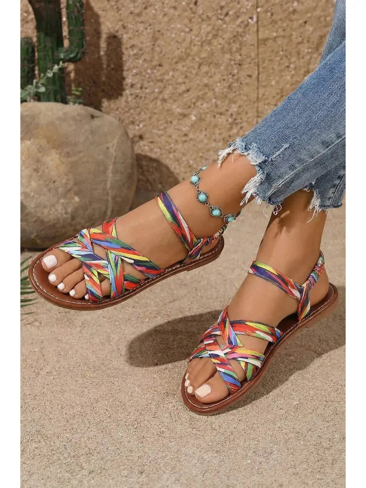 Colorful Band Flat Roman Sandals