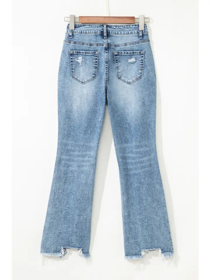 Ripped Open Knee Cropped Mid Wash Jeans