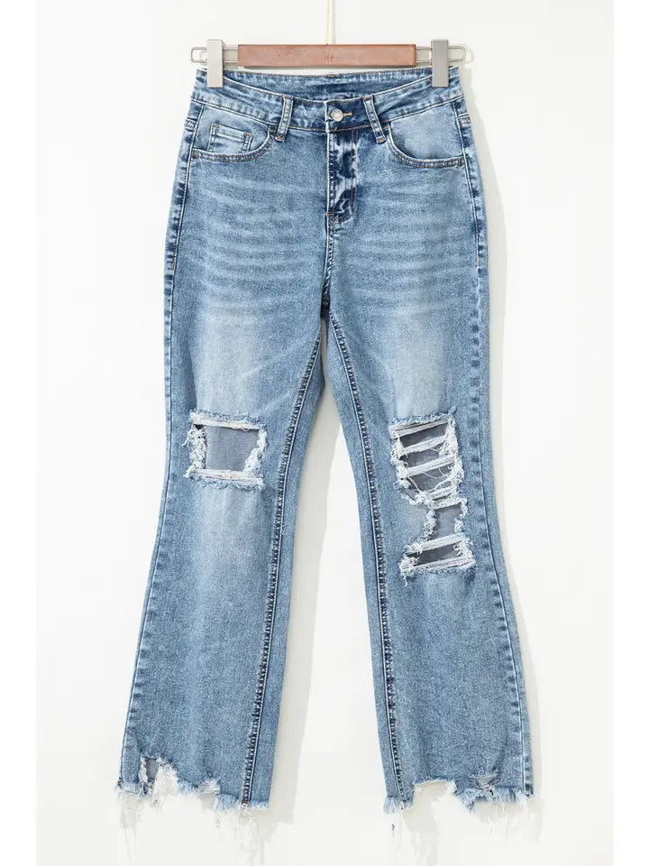 Ripped Open Knee Cropped Mid Wash Jeans