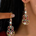 Gold Multi Color Guitar Earrings with multicolor crystal rhinestones on gold French hooks