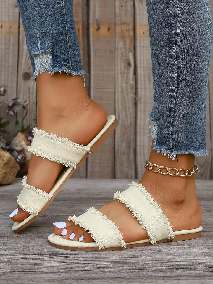Frayed Linen Double Band Slip On
