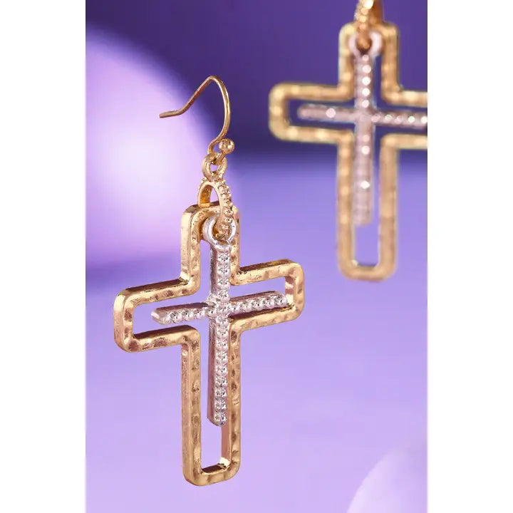 Two Tone Textured Cross Earrings