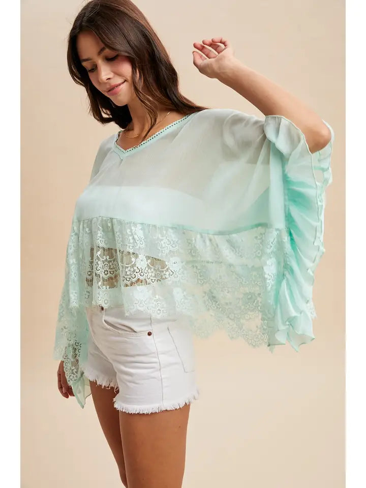 Seaside Mint Lace Trimmed Top