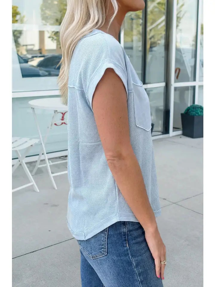 Raw Seam Waffle Knit Patchwork Blouse
