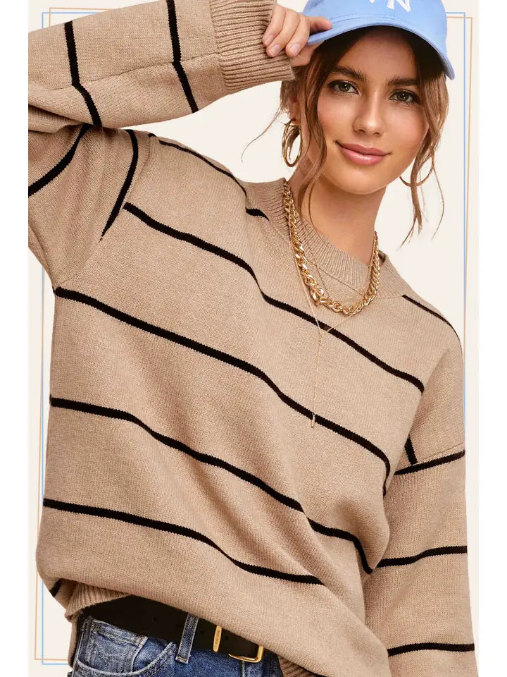 Striped Crew Mock Neck Sweater