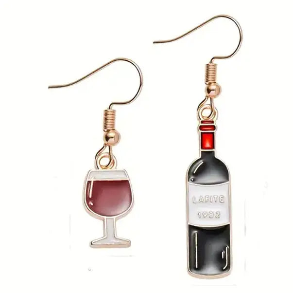 Mismatched wine glass and wine bottle enamel drop earrings on rose gold French hooks