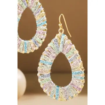 Open teardrop earrings with woven pale blue, lavender, and cream detailing and gold-tone hooks